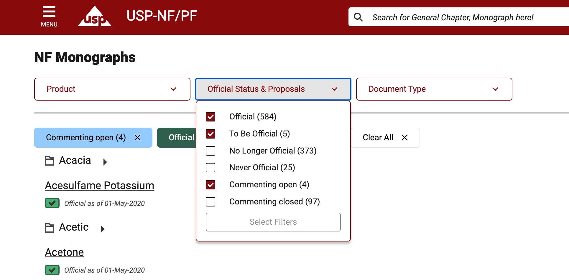Screen is showing the Official Status and Publications filter options to filter documents using different publications and/or official status.